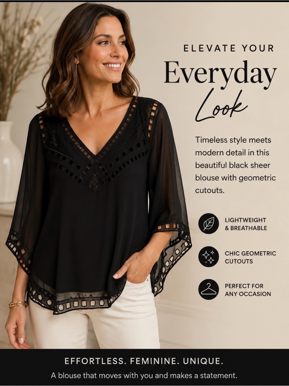White House Black Market Black Sheer V-Neck Blouse with Geometric Cutouts